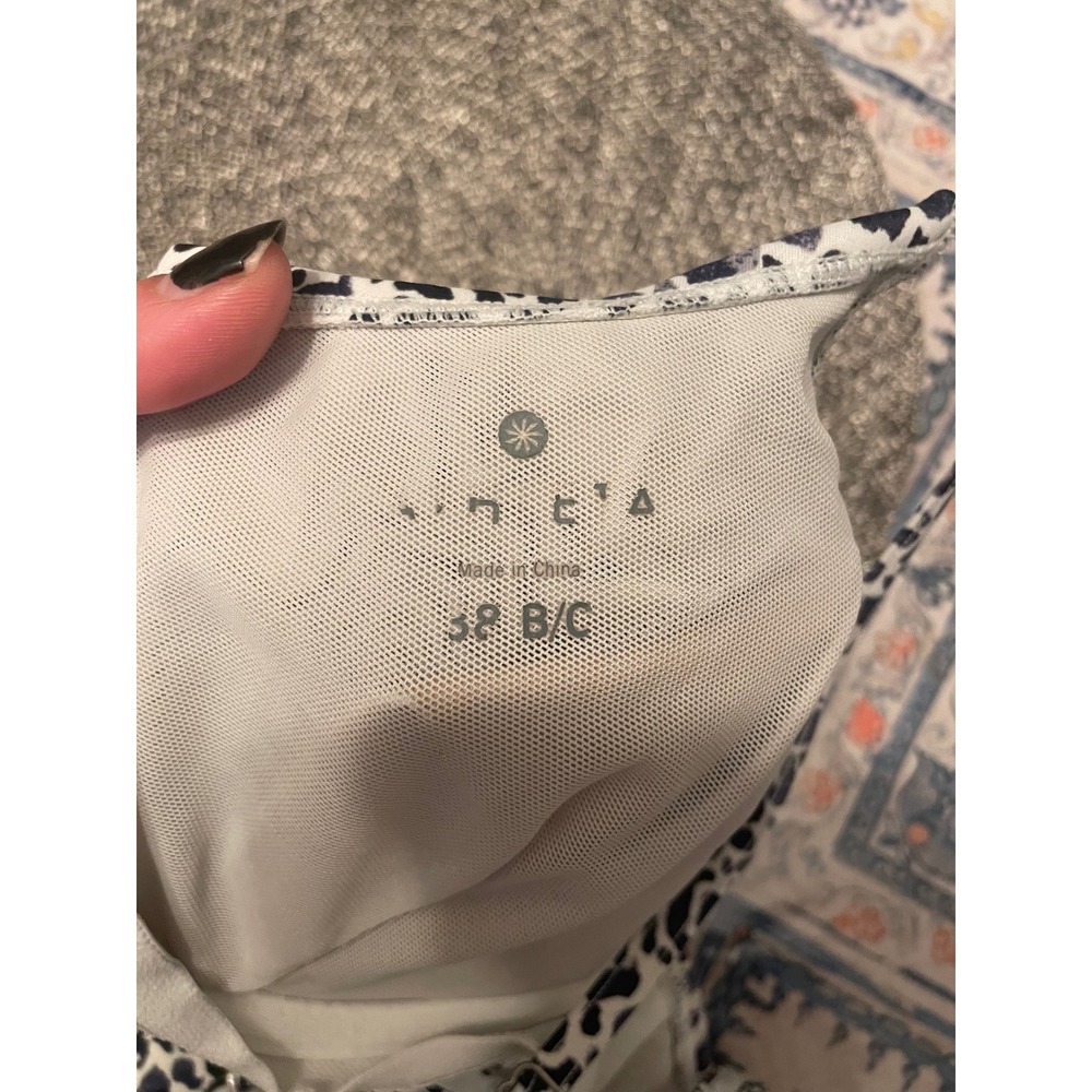 Athleta Leopard Print Tankini Swim Top Blue White Ruched Shelf Bra 38 B/C - Picture 2 of 4